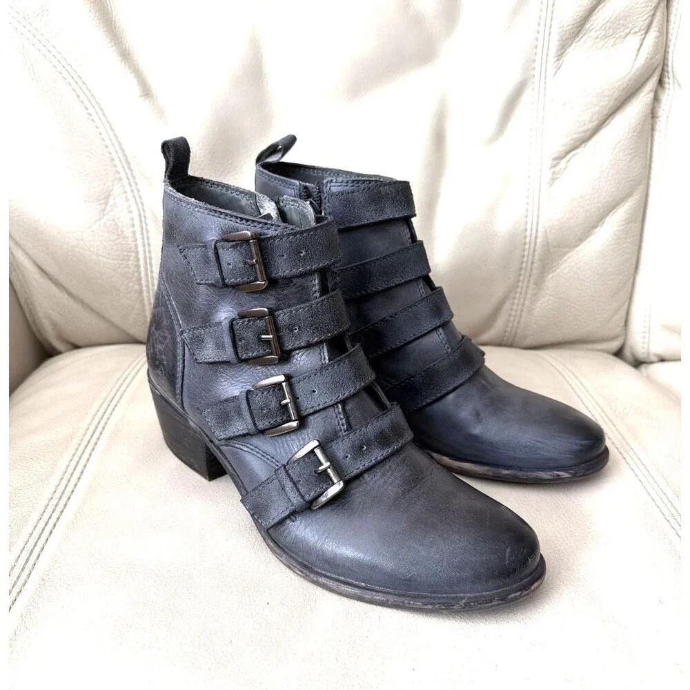 Roan by Bed Stu Womens Leather Boots Size 8 Disstressed Moto Biker Buckle Gray